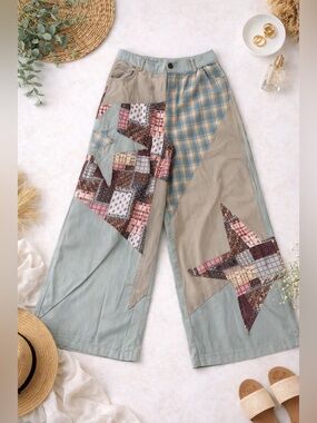 easel Patchwork Straight Leg Jumpsuit Pants in Tan, Light Blue, Pink & Brown
